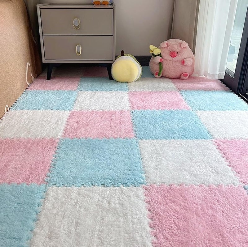 BXEBUI 12pcs Carpet Squares Puzzle Floor Mat, Plush Interlocking Carpet Tiles, Anti Slip EVA Foam Jigsaw Floor Tiles, Build A Safe Area for Bedroom Playroom (White+Blue+Pink) - Image 1